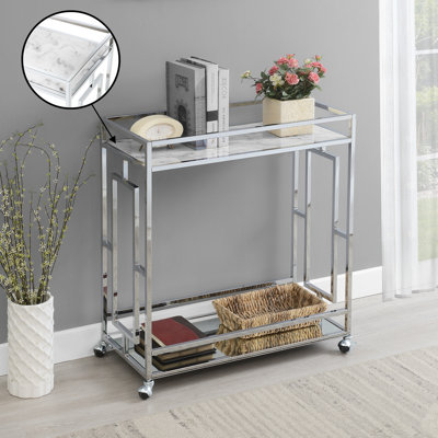 Audranna Faux Marble Mirrored Bar Cart with Wheels