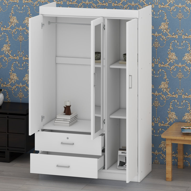 Armoire contemporaine à 3 portes avec miroir pleine grandeur et tablettes, Blanc