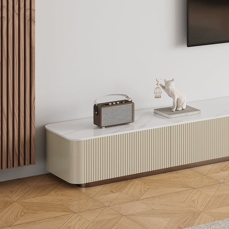 142" Beige Wood Patchwork Marble Countertop TV Storage Cabinet, 6 Drawers, 10.2”H x 141.6”L x 15.75”W