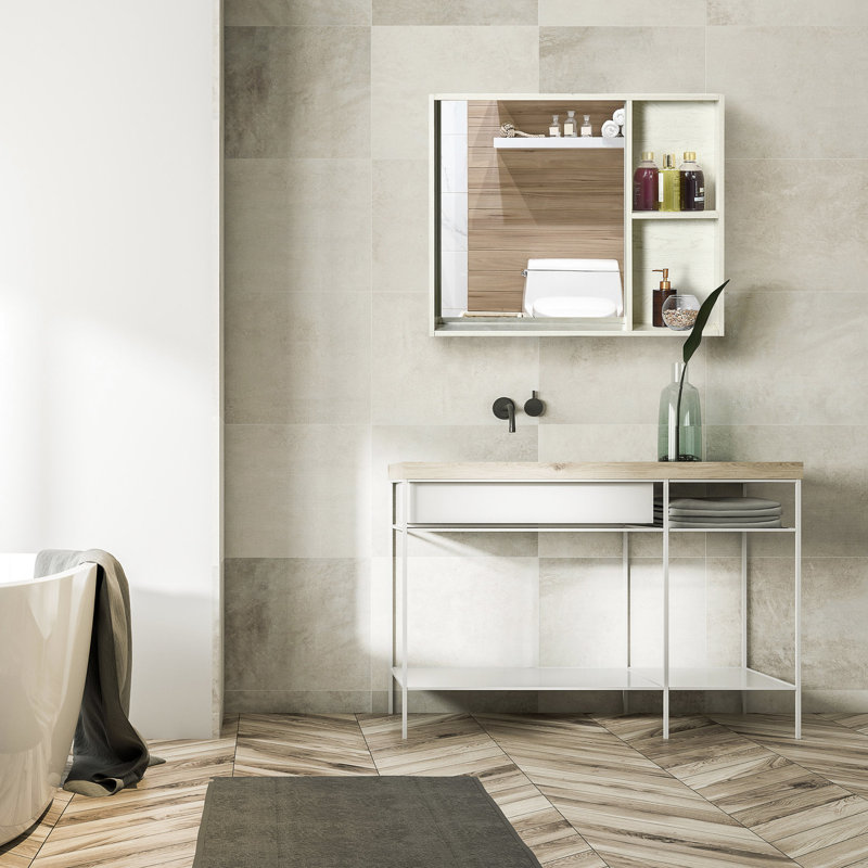Armoire à pharmacie blanche avec miroir et tablette - Fixation murale pour un rangement efficace dans la salle de lavage 31,5 "x 25,5"