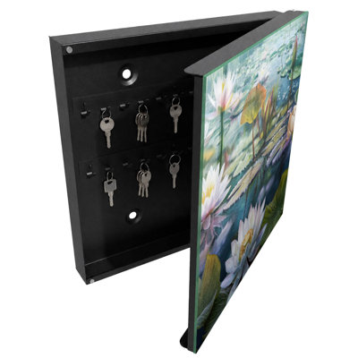 Wall mounted key box, Opens to the left, 30x30x5, Black, A pond with blooming water lilies, 