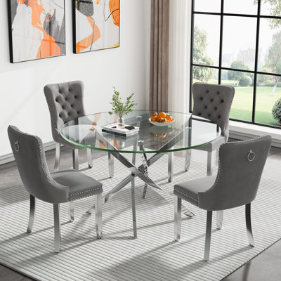 Mikyla Round Glass Dining Table Set, Modern 47" Glass Dining Room Table Set with Velvet Tufted Chairs for Kitchen Dining Room by Rosdorf Park