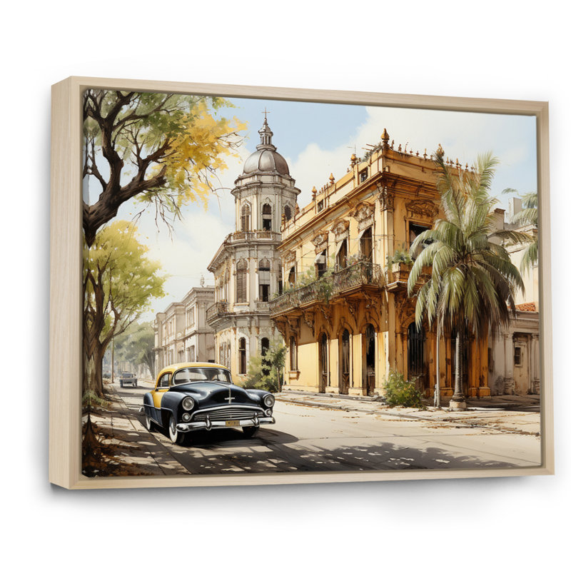" Cuban Architecture Yellow ", 34" H x 44" W x 1.5" D, Natural Floater Framed