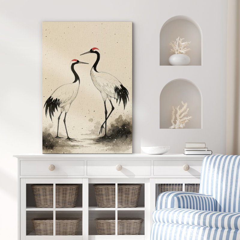Deux grues à couronne rouge debout ensemble - impression sur toile encadrée, H 24 po x l 16 po x P 1,5 po, Toile tendue