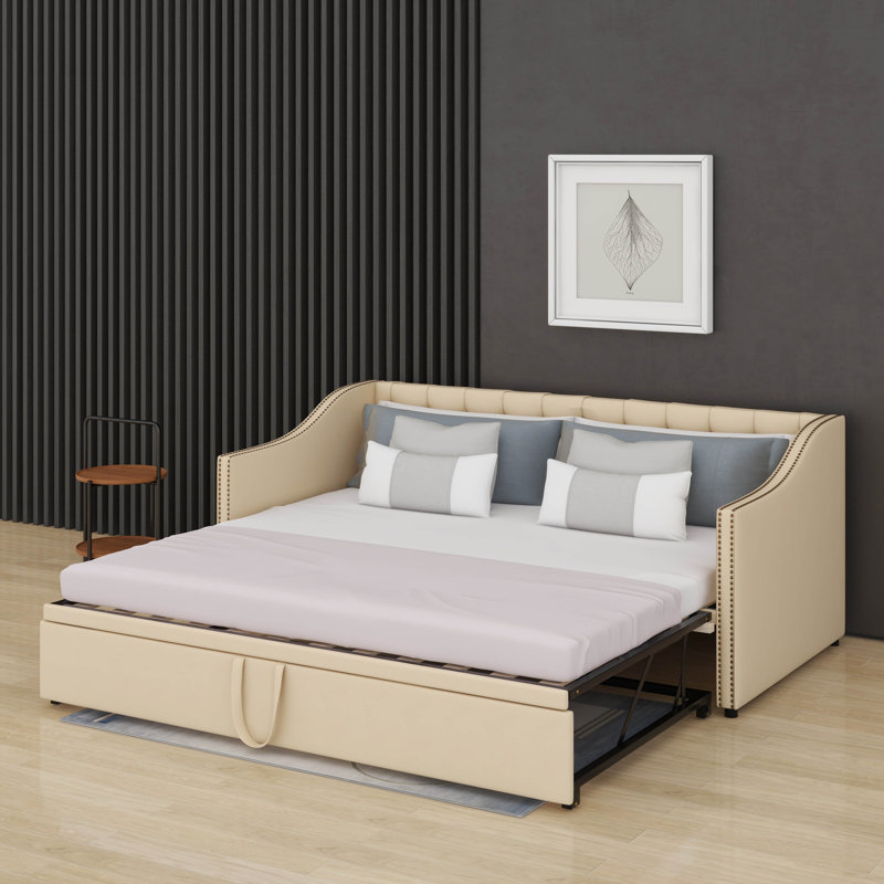Twin Size Upholstered Daybed With Pop Up Trundle, Beige
