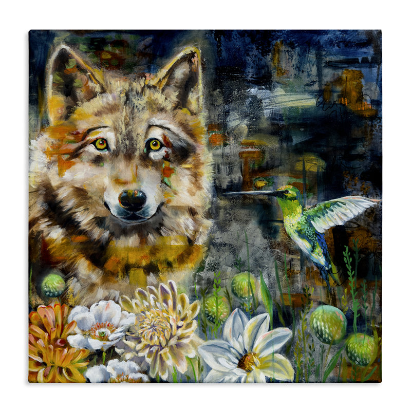 «Beautiful Wolf & Hummingbird», art mural sur toile par Linda McClure, H 24 po x l 24 po