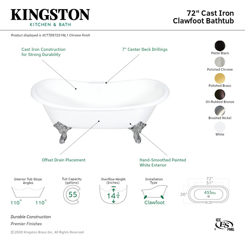 Kingston Brass Aqua Eden 72-Inch Cast Iron Oval Double Slipper Clawfoot Tub (7-Inch Faucet Drillings), Polished Chrome