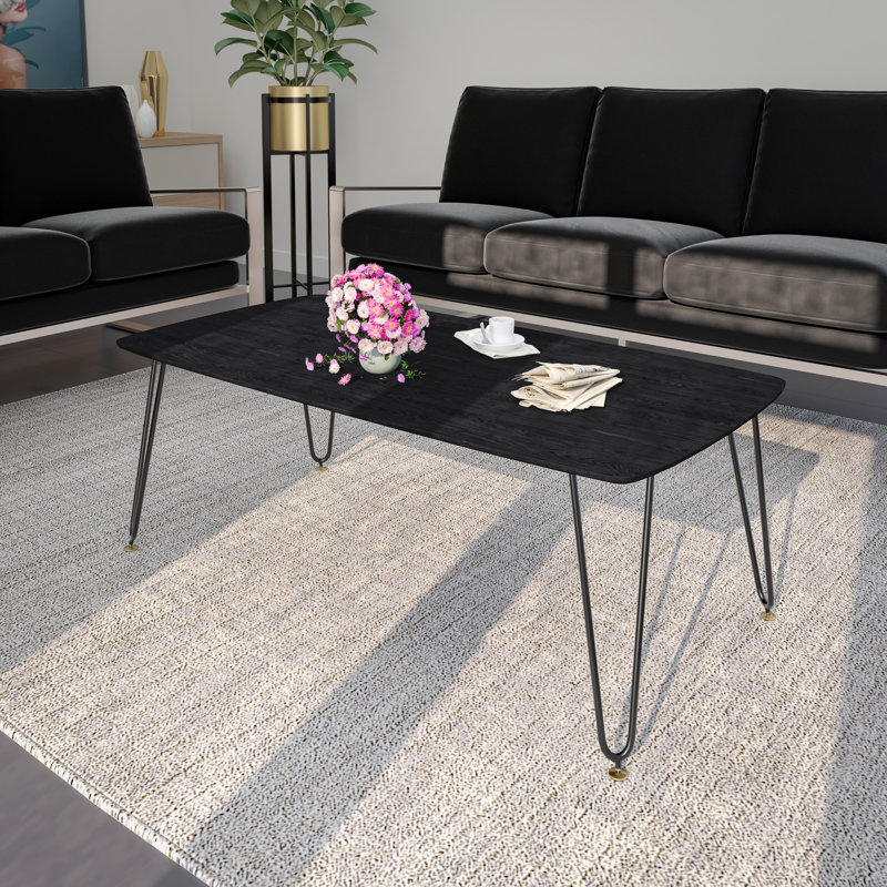 Rectangular Coffee Table with Curved Edge MDF Top and Iron Base – Accent Center Table Easy Assembly, Black