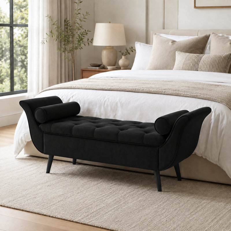 Velvet Upholstered Storage Bench, Black