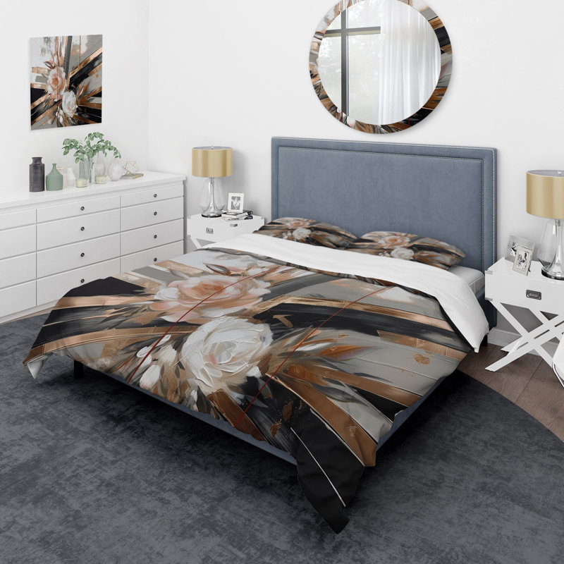 Ensemble de housse de couette en microfibre / polyester Rose Gold Linear Floral Elegance III