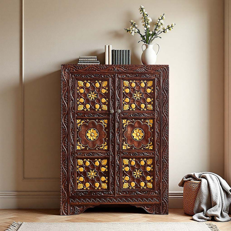 Buffet de rangement en bois massif sculpté, Brun / or