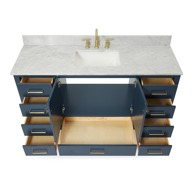 Ensemble de meuble-lavabo simple Flynt, Bleu minuit / laiton satiné, Forme rectangulaire, L 61 po