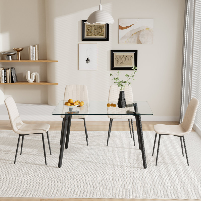 5 - Piece Rectangle Glass Dining Set, Clear, Beige