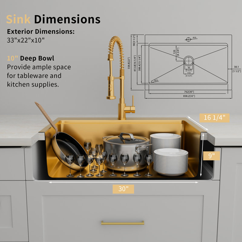 Évier de cuisine frontal en acier inoxydable de calibre 16 avec cuve de travail à tablier frontal L 33 po x l 22 po avec accessoires