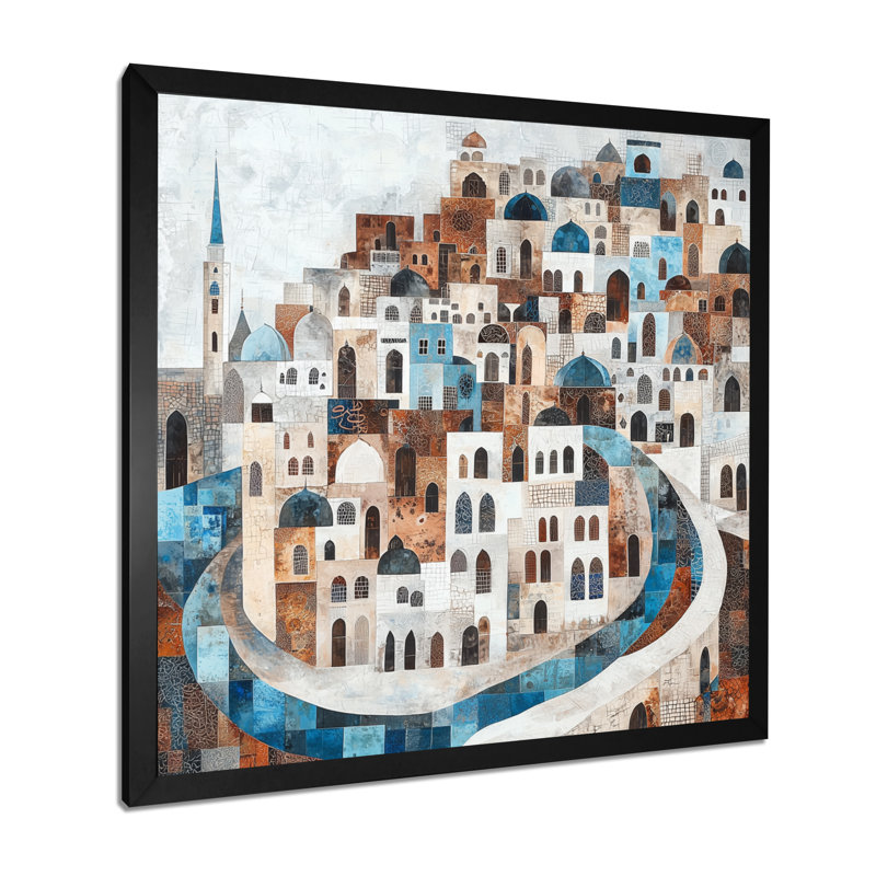 «Luminous Contours Of Old City», art mural paysage, H 30 po x l 30 po, Reproduction encadrée, Noir