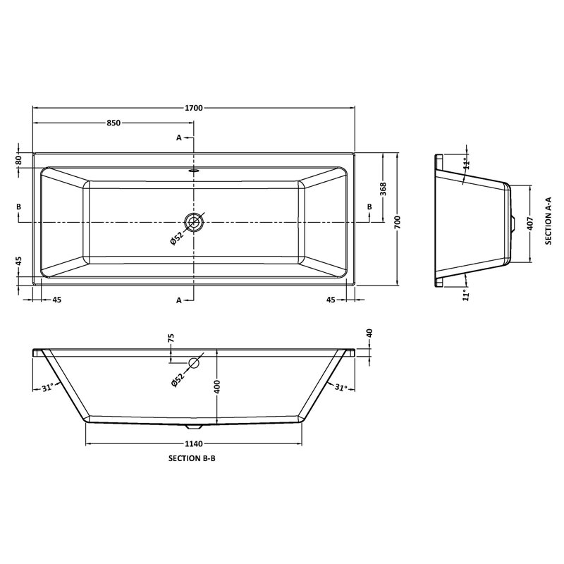 Asselby x Drop-In Soaking Acrylic Bathtub, 40cm H x 75cm W x 170cm L