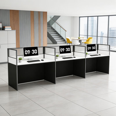 3 Person Cubicle Desk with Frosted Acrylic Privacy Partition, Office Desk Staff Desk Workstation, White