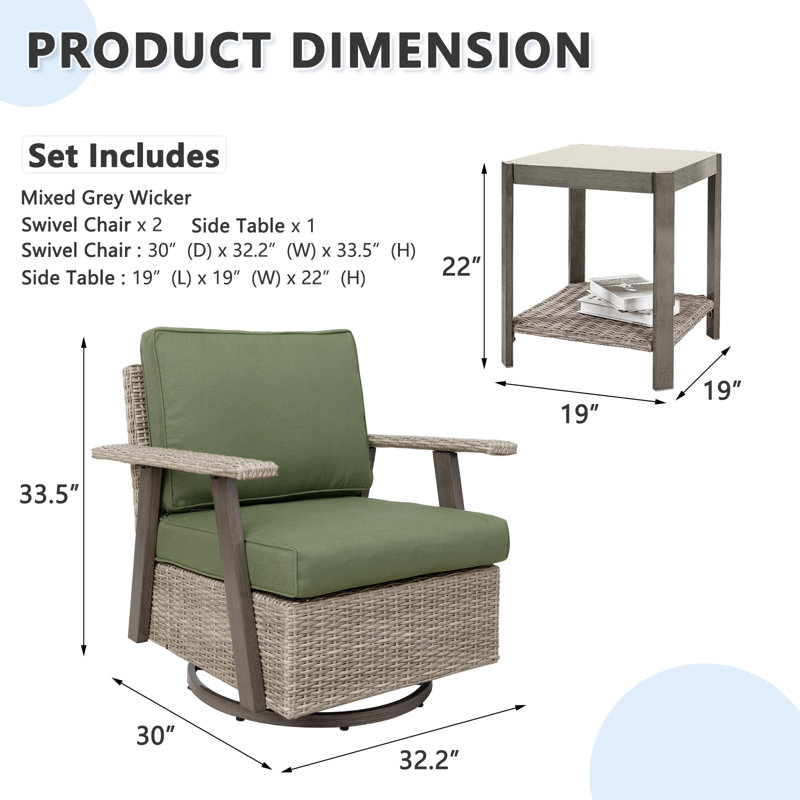 Arusha Antilles Howton 3-Piece 360-Degree Oversized Resin Wicker Outdoor Swivel Rocker Patio Chairs Set, Green