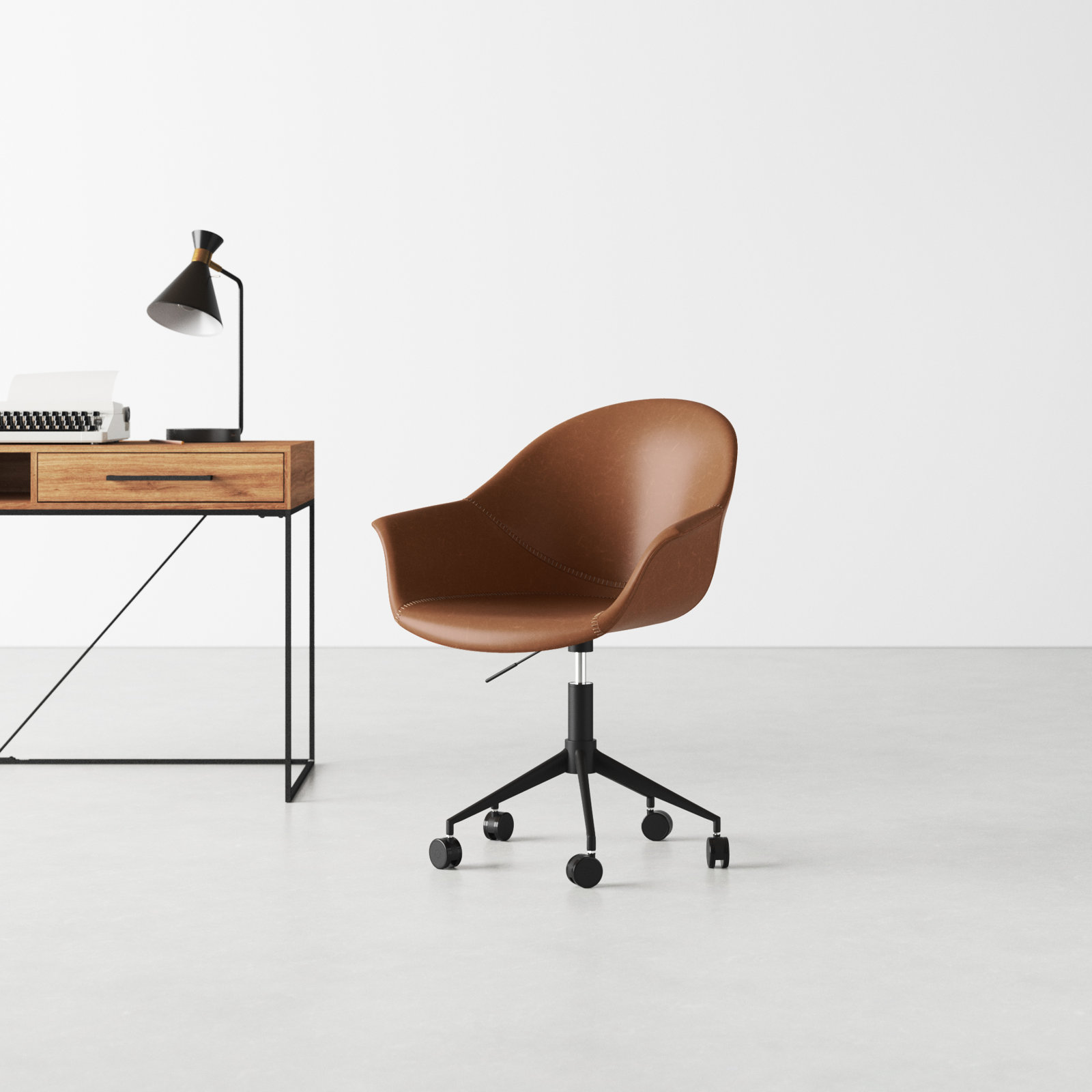 Kealey Swivel Office Chair, Light Brown Faux Leather