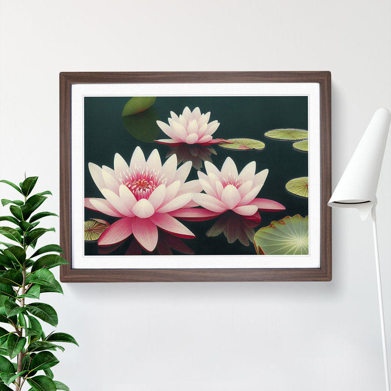 Electrifying Water Lily Flowers - Single Picture Frame Print, 46cm H x 64cm W x 2cm D, Walnut 