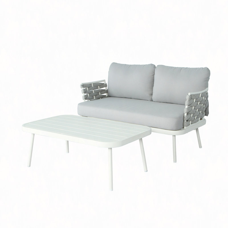 Causeuse et table en acier, Gris foncé, Blanc cassé / blanc