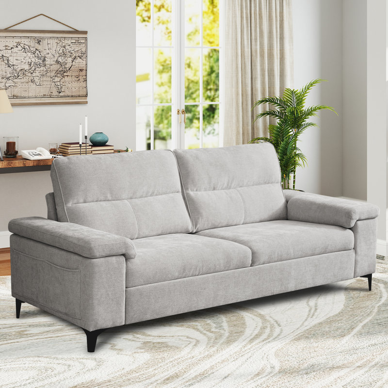 88.97" Modern Chenille Sofa Adjustable Armrest Couch With Side Pockets, Gray, 36.61" H x 88.98" W x 34.65" D