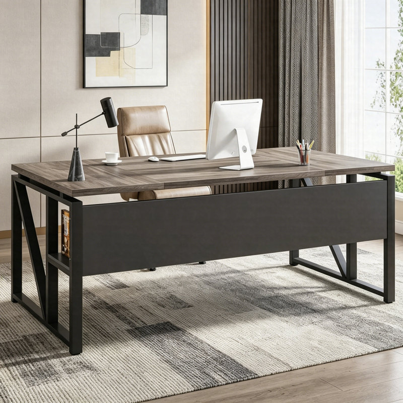63" Computer Desk Writing Table With Bottom Storage Shelf, Metal Frame Home Office Desk, Gray, 29.94" H x 62.65" W x 31.13" D