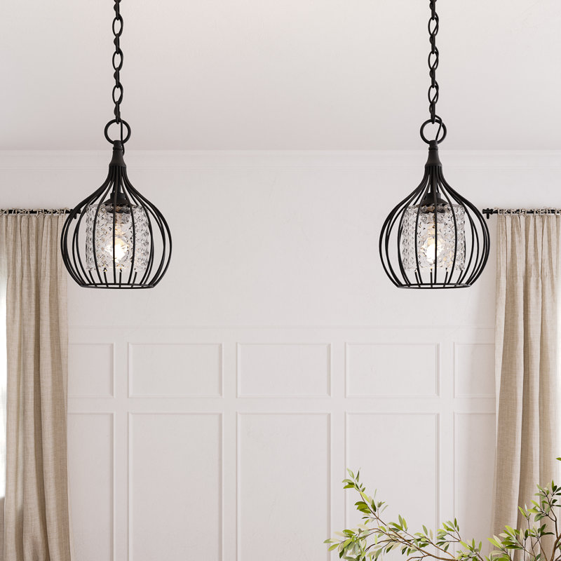 Luminaire suspendu cage noir à 1 lumière avec abat-jour en verre texturé Yorke
