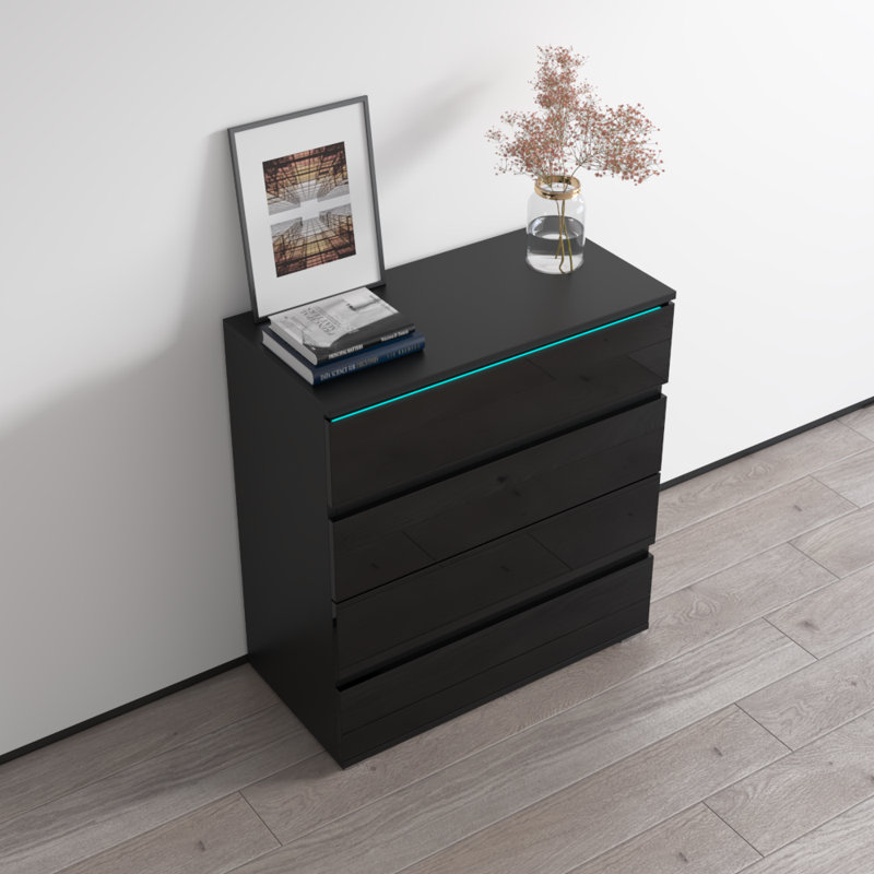 Astorga 32" Nightstand with 16-Color LED Lighting, High Gloss Finish, Black