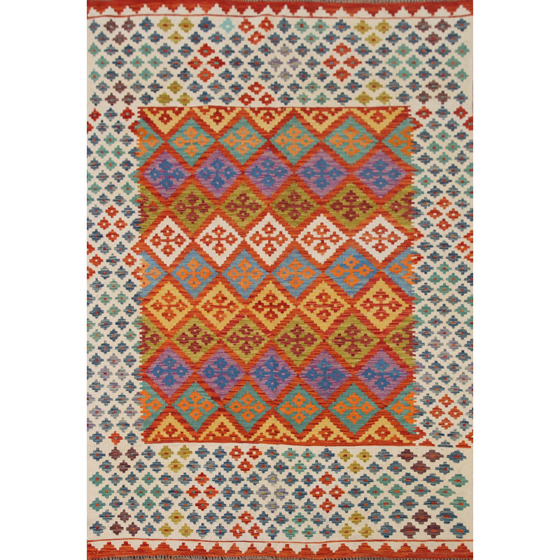 Tapis oriental multicolore en laine Kilim 6 x 8