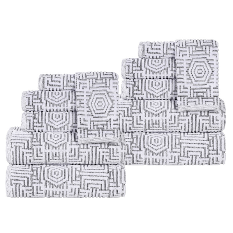 Belleair Cotton Modern Jacquard Soft Highly-Absorbent Assorted 12 Piece Bathroom Towel Set, Charcoal