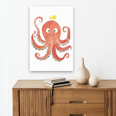 Smiling Red Octopus Playful Whimsical Contemporary Butterfly Octopus Ocean Wall Art Print by Mathieu - Wrapped Canvas Print