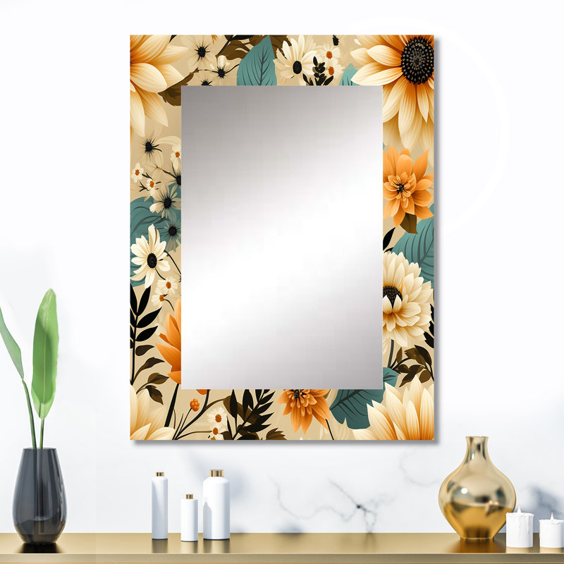 Mortola Mod Floral Nostalgia - midcentury  Mirror, Geometric,Abstract Unique Wall Mirror, Printed Metal Art, 32" x 24"