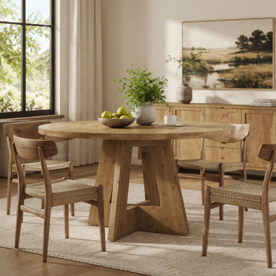 47″ Round Solid Wood Farmhouse Dining Table for 4 to 6, Kitchen Table with Cross Shaped Base and Burlywood Finish, Dining Rooms
