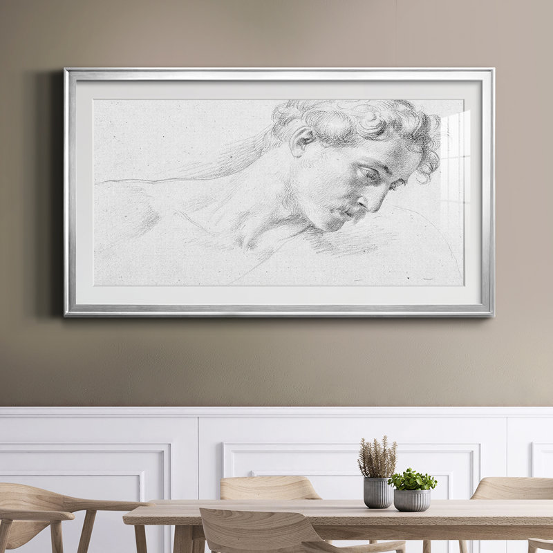 Étude de portrait au crayon vintage, encadrée avec passe-partout et verre - Croquis vintage - Série abstraite CMLXII, ouverture 16 x 32 cm dans un cadre argenté, dimensions extérieures 19 x 35 cm
