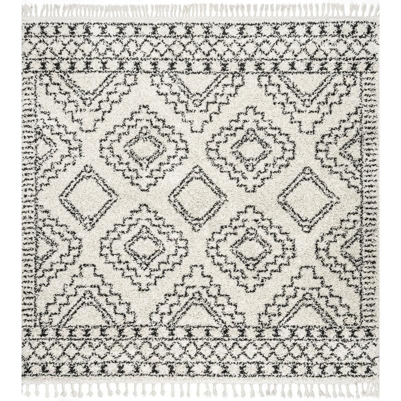 Adry Moroccan Shag Tasseled Cream/Charcoal Area Rug, Square 7'10"