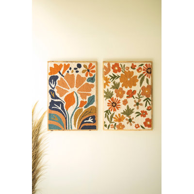  Set of Two Framed Wall Art Floral Hand Hooked Decorative Wall Decor for Home Accent Multicolor Finish
