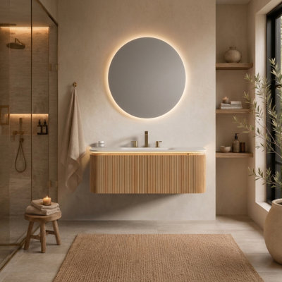 Meuble-lavabo flottant avec lavabo en pierre fritté intégré
