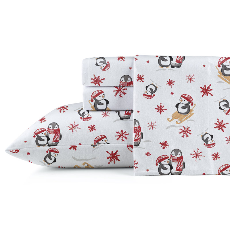 Snow Flakes Flannel Sheet Set, Queen, Penguin