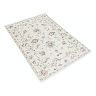 Tapis noué à la main 3,3 pi x 3,3 pi de style Oushak avec motif floral turc beige, 100% laine