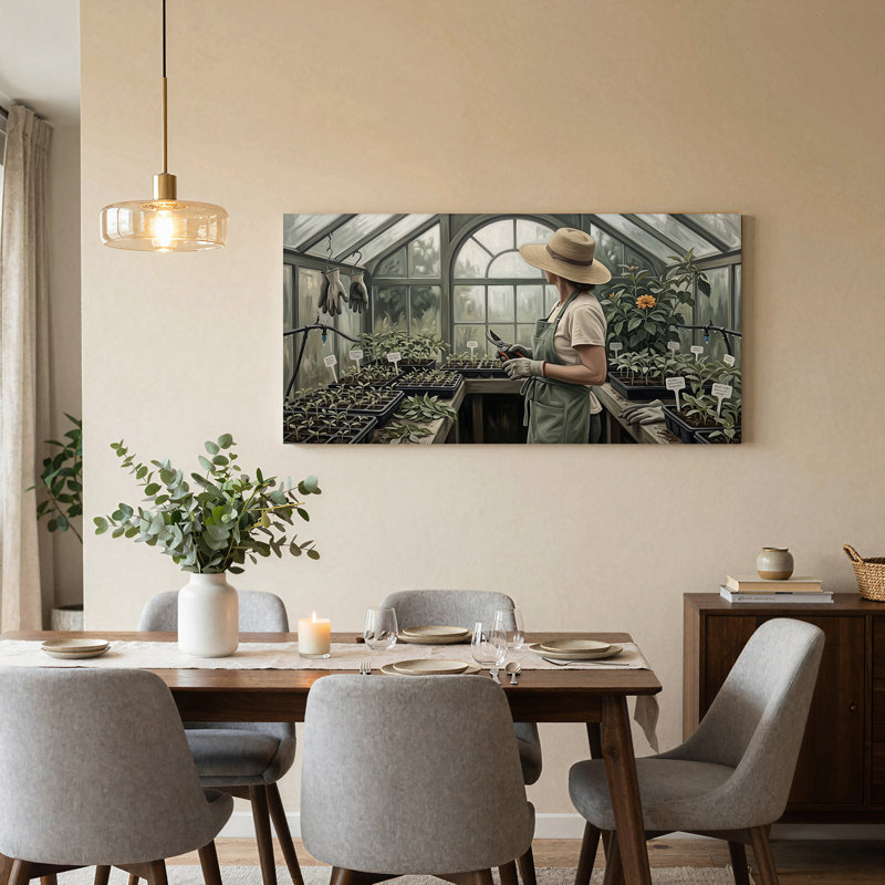 «Gardener Tendant Seedlings in Glass Greenhouse», art mural, L 40 po x H 20 po