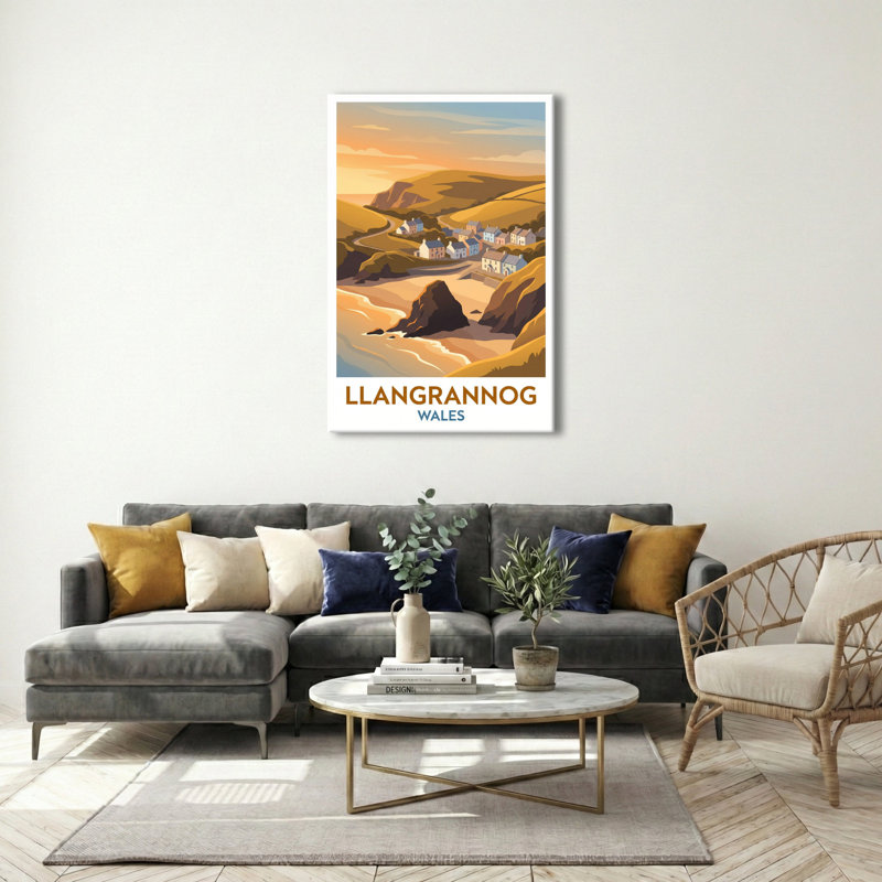 Llangrannog, Wales - Coastal Romance Travel Poster | Golden Ceredigion Seaside Print. Giclee Print On Wrapped Canvas. Wall Art, Home Decor - Cities & Towns, Wales - Wrapped Canvas Print