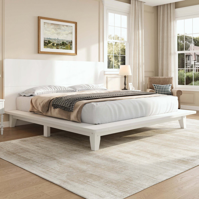 Base de lit plateforme avec tête de lit et lattes en bois, Blanc, Très grand lit