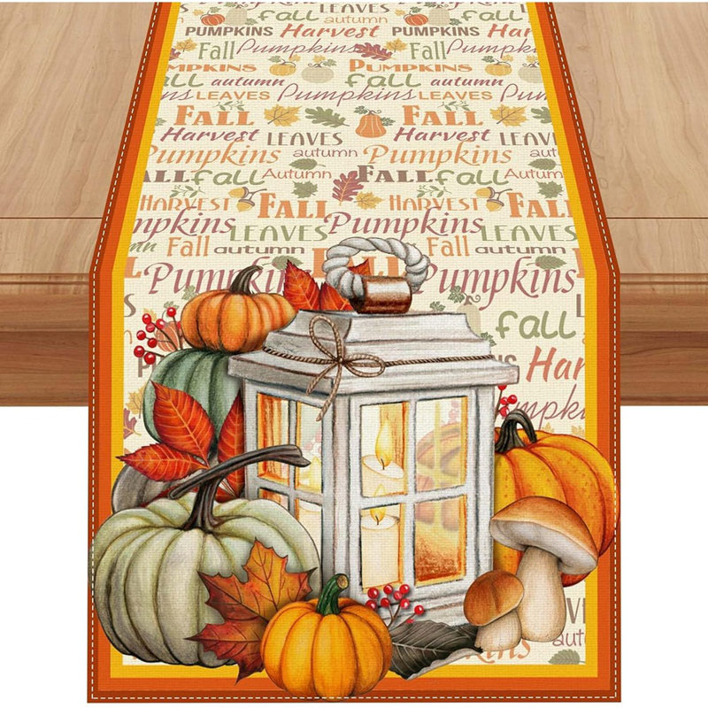 Chemin de table en lin de lin de 72 pouces de style campagnard feuilles d'automne décor de table citrouille automne automne décorations de table de salle à manger de cuisine de grâces, jaune, Lyn-1636