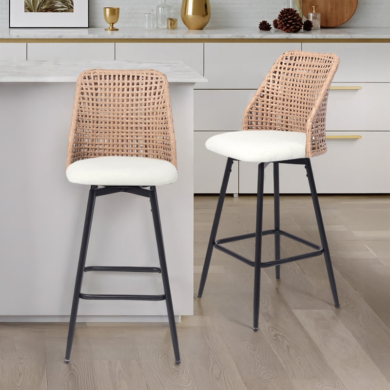 Upholstered Beige Rattan Full Back Counter Swivel Bar Stool, Beige