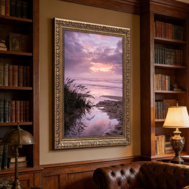 Art mural en toile noyer doré encadré pour le salon, la chambre à coucher, le bureau ou le vestibule - Décoration murale décorative avec Sunset Beach