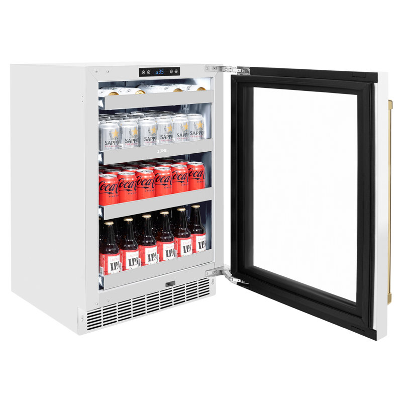 ZLINE Autograph Edition 24 in. Touchstone 151 Can Beverage Fridge with Glass Door and Handle, White Matte/Polished Gold