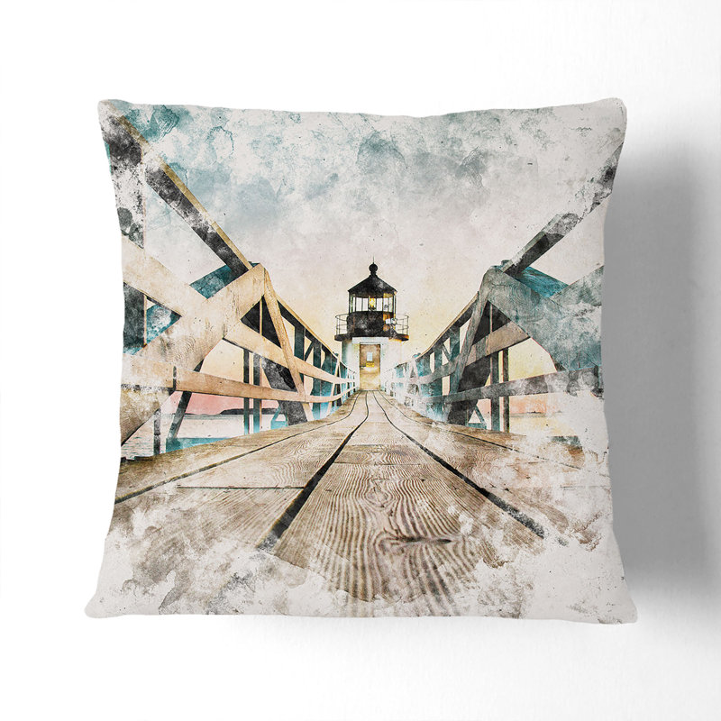 Lighthouse at the Piers End Watercolour Cushion with Filling, 55cm H x 55cm W x 20cm D, Stone