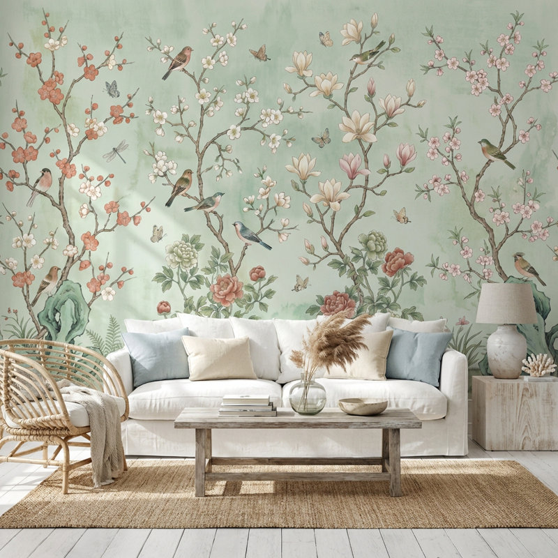 Papier peint floral oiseaux vert, 120 po x 96 po, Peler et coller