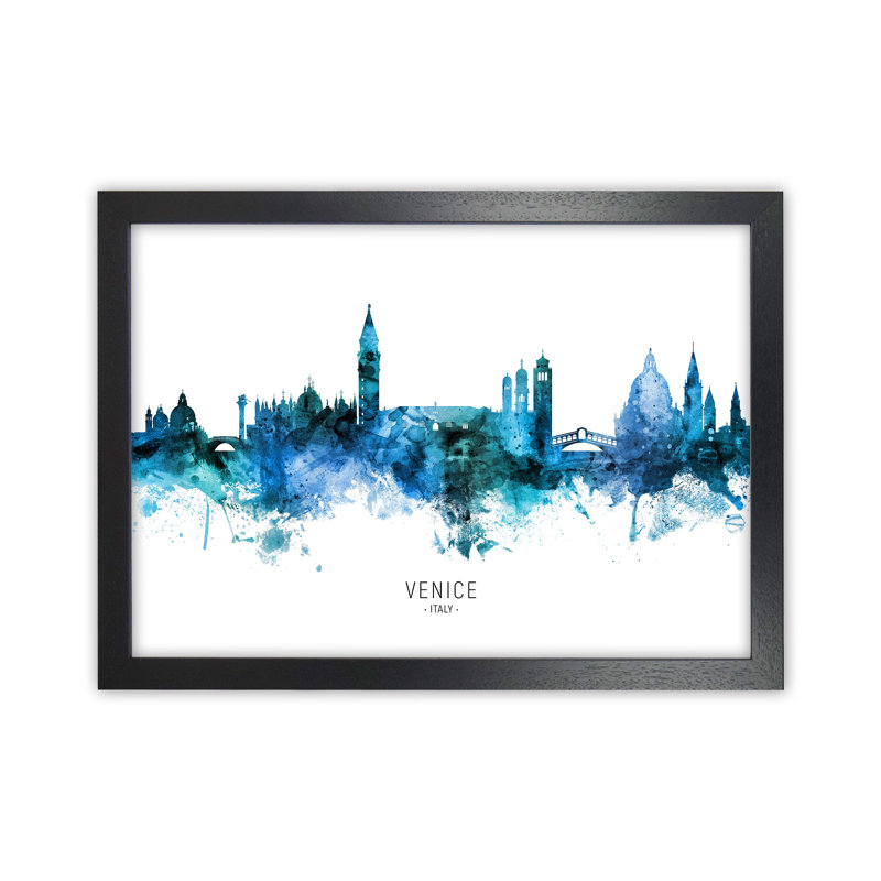 Venice Italy Skyline Blue City Name by Michael Tompsett - Print, 34cm H x 46cm W x 3cm D, Black Framed